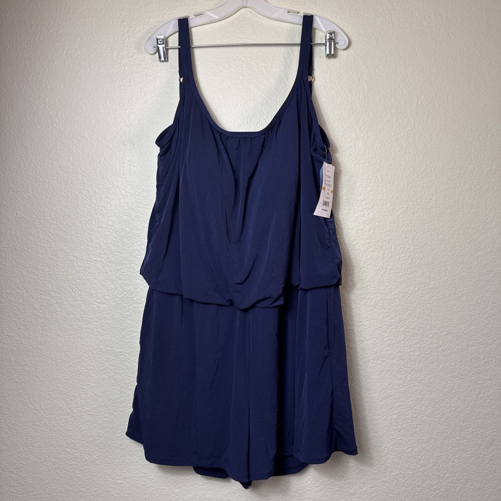 Maxine of Hollywood Tricot Jersey Swim Romper Indigo Plus Size 24W